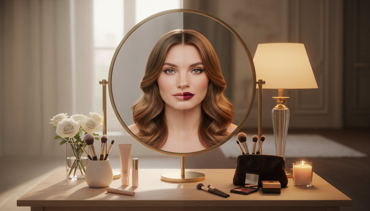 A woman at a vanity whose round mirror shows one half of her face with natural daytime makeup and the other half with dark-lipped evening makeup - Alix Avien