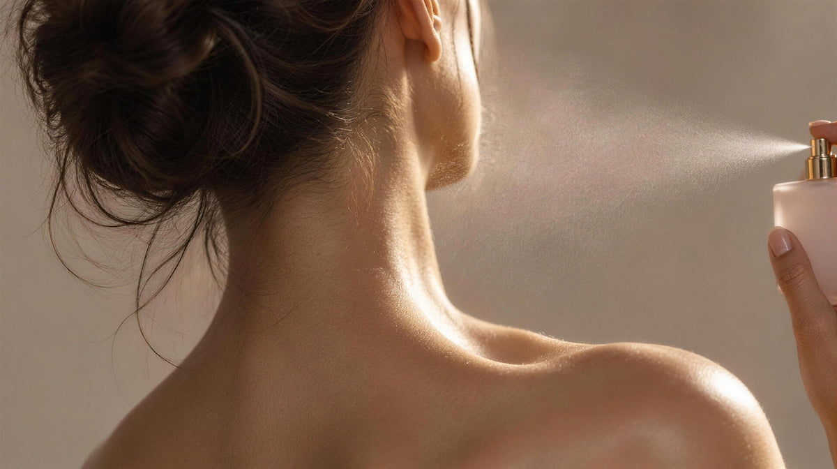 Woman spraying perfume on the pulse point at the nape of her neck and behind her ear - Alix Avien