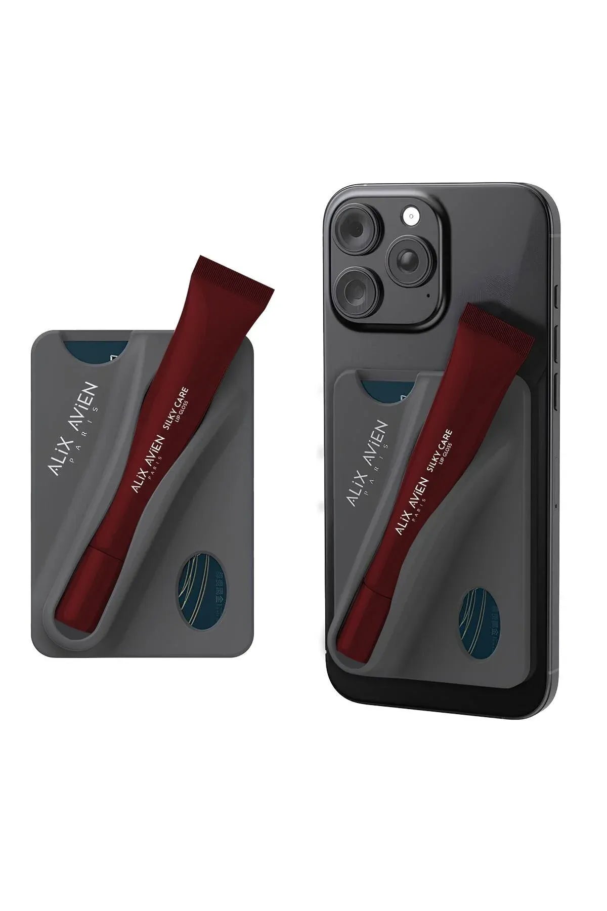 Alix Avien Silky Care Lipgloss Silicon Case attached to a phone, holding Silky Care Lip Gloss