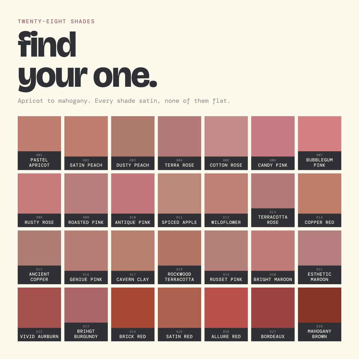 Alix Avien Satin Touch Lipstick shade chart from Pastel Apricot 801 to Mahogany Brown 828