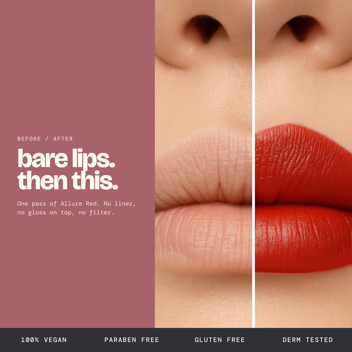 Alix Avien Satin Touch Lipstick before and after – one pass of Allure Red