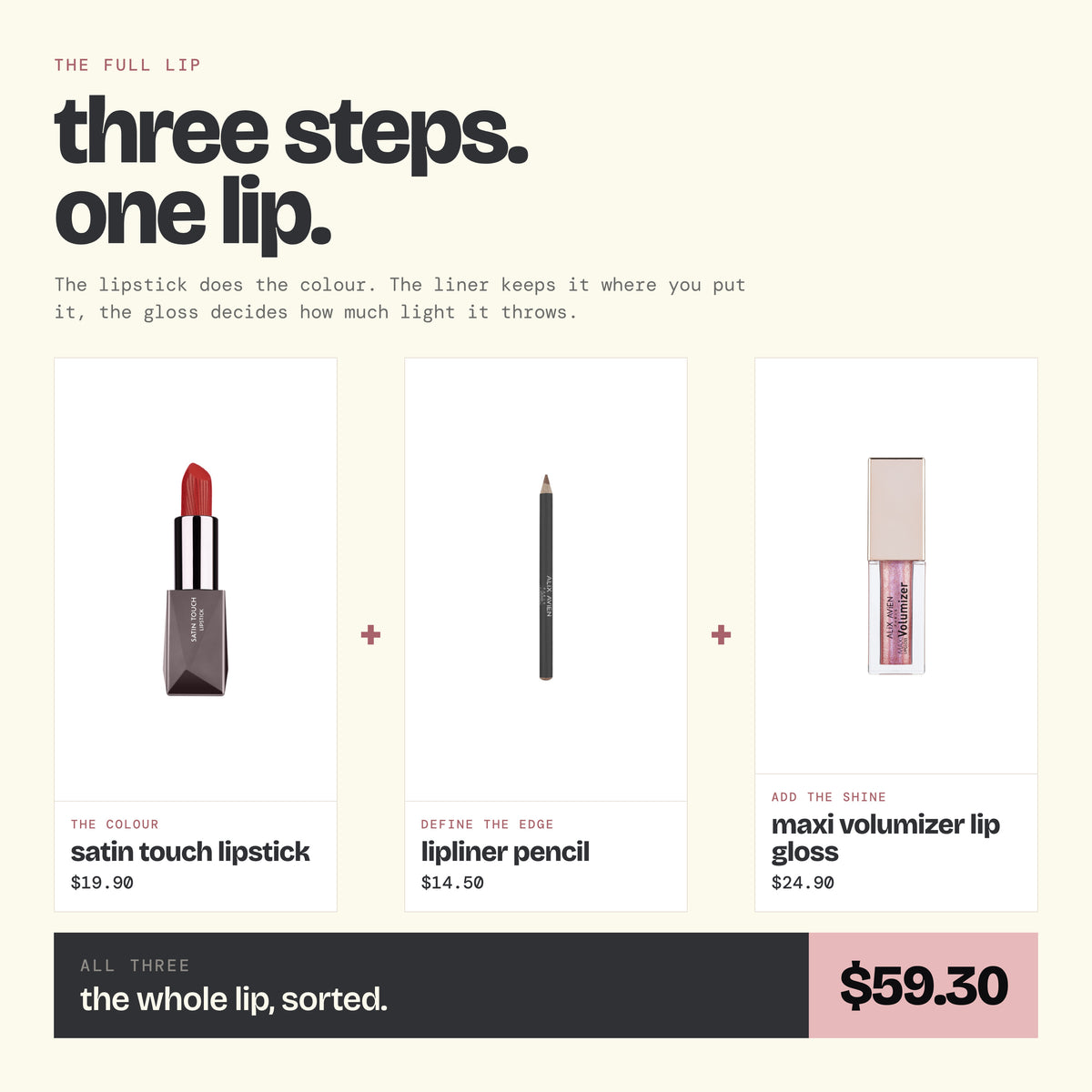 Alix Avien Satin Touch Lipstick paired with lip liner pencil and Maxi Volumizer Lip Gloss