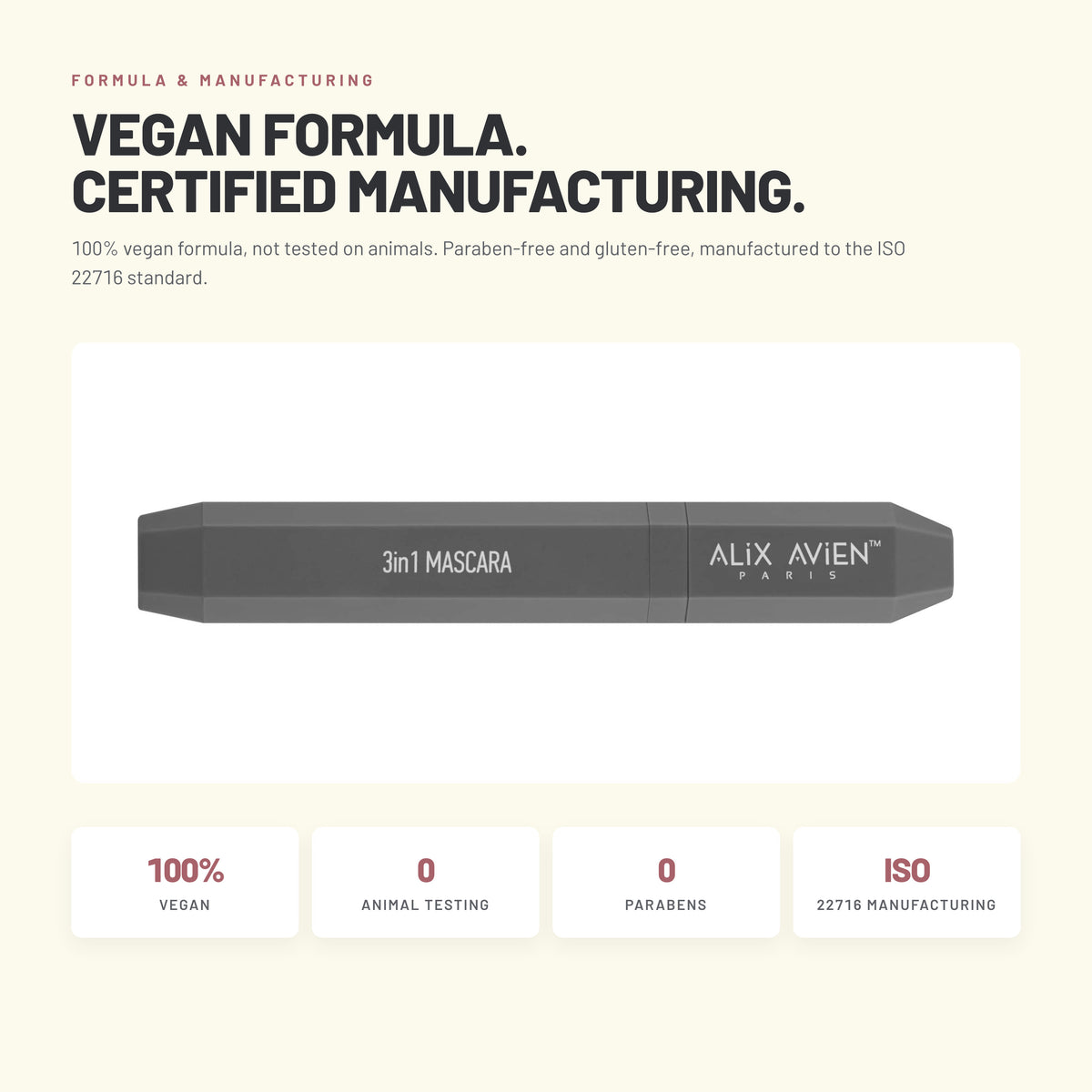 Alix Avien 3 in 1 Mascara – vegan formula, ISO 22716 manufacturing