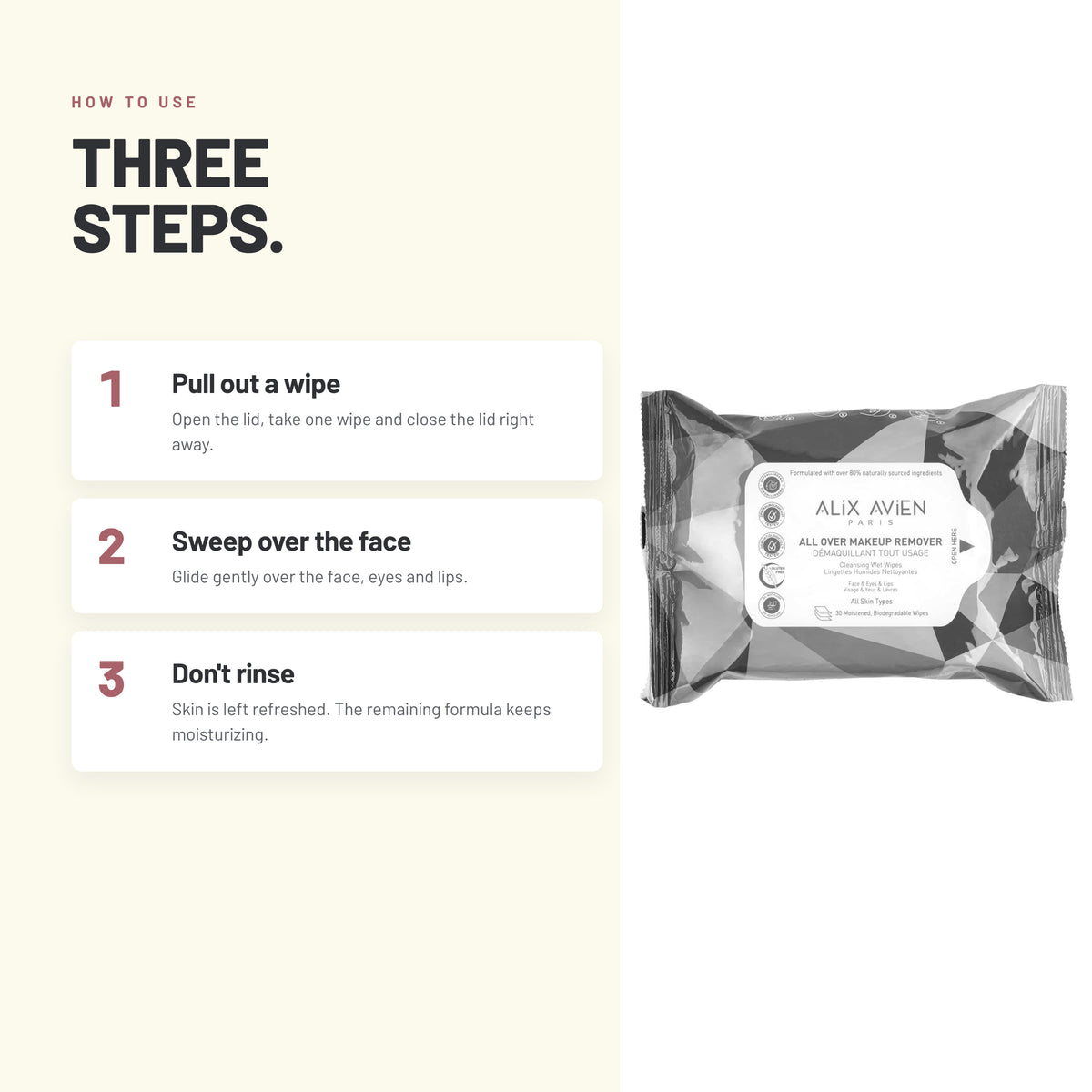 How to use Alix Avien makeup remover wipes in three steps