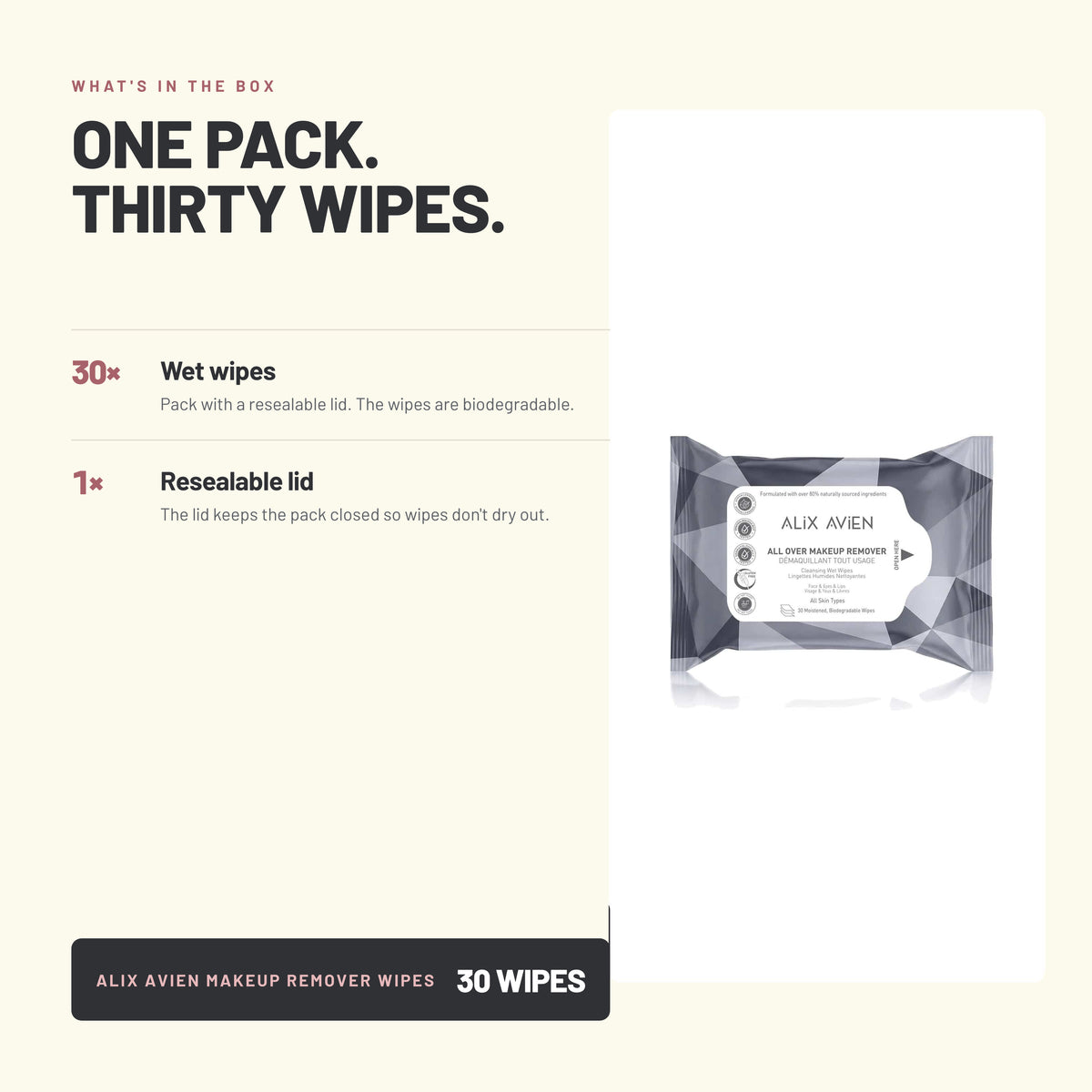 What's in the box – Alix Avien makeup remover wipes, 30 count