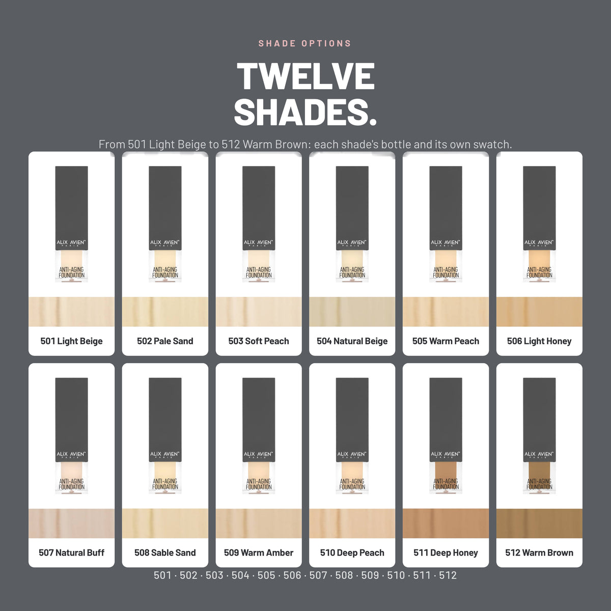 Alix Avien Anti-Aging Foundation shades 501 to 512 with swatches