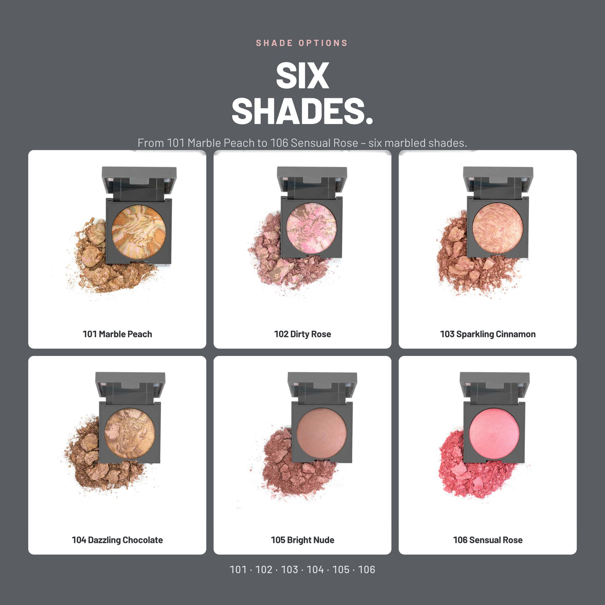 Alix Avien Baked Blush – six shades from 101 Marble Peach to 106 Sensual Rose