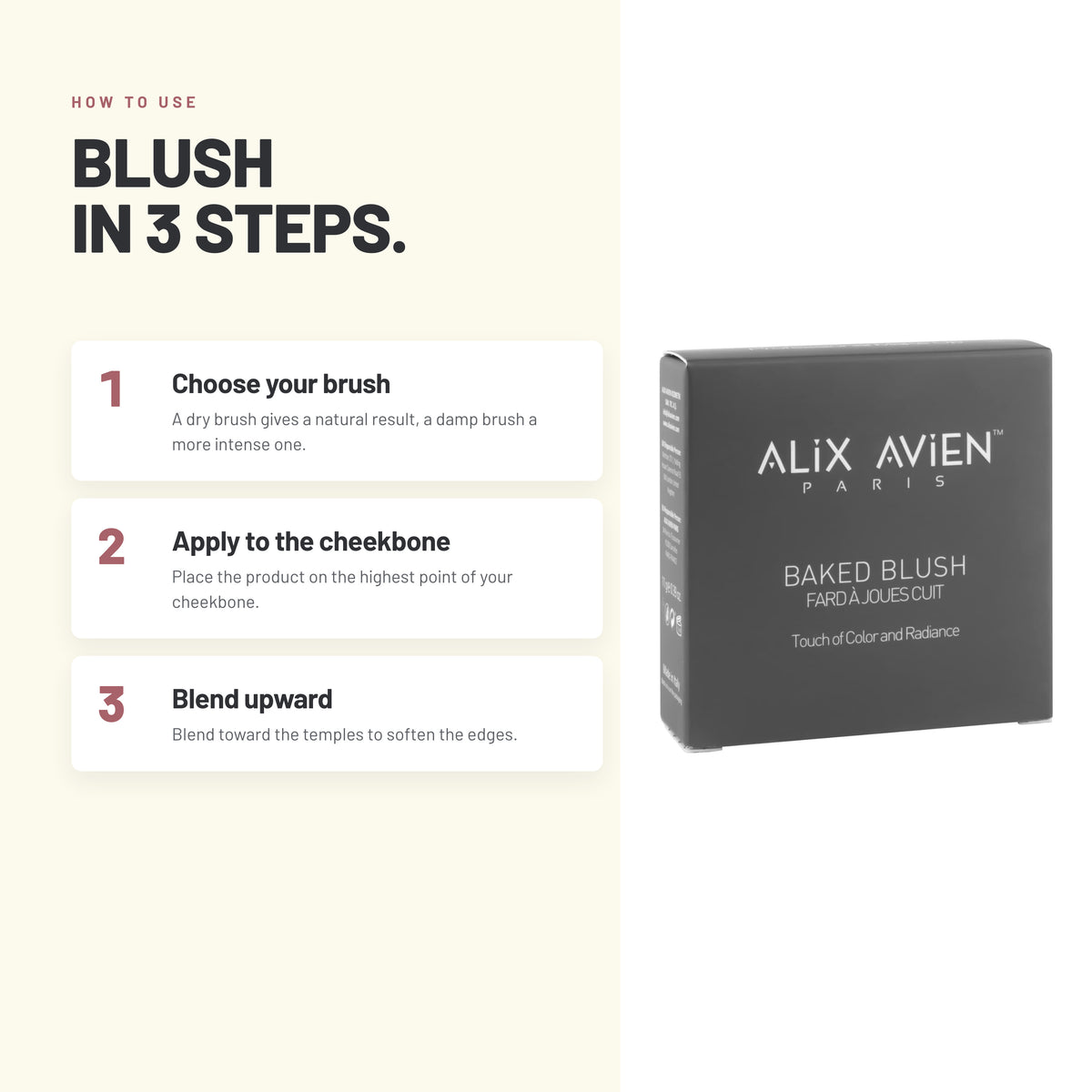How to apply Alix Avien Baked Blush in three steps