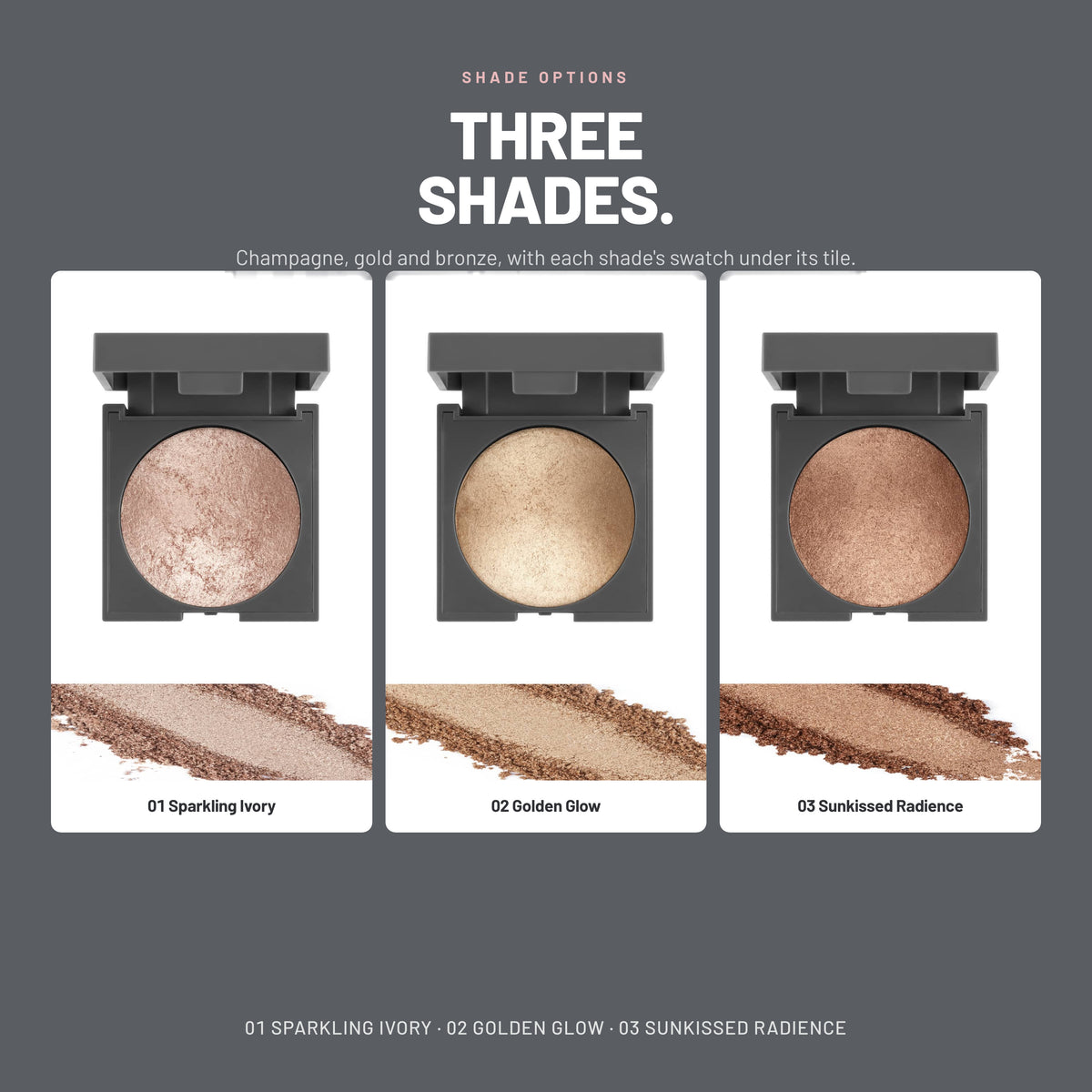Alix Avien Baked Highlighter – three shades with swatches: Sparkling Ivory, Golden Glow, Sunkissed Radience