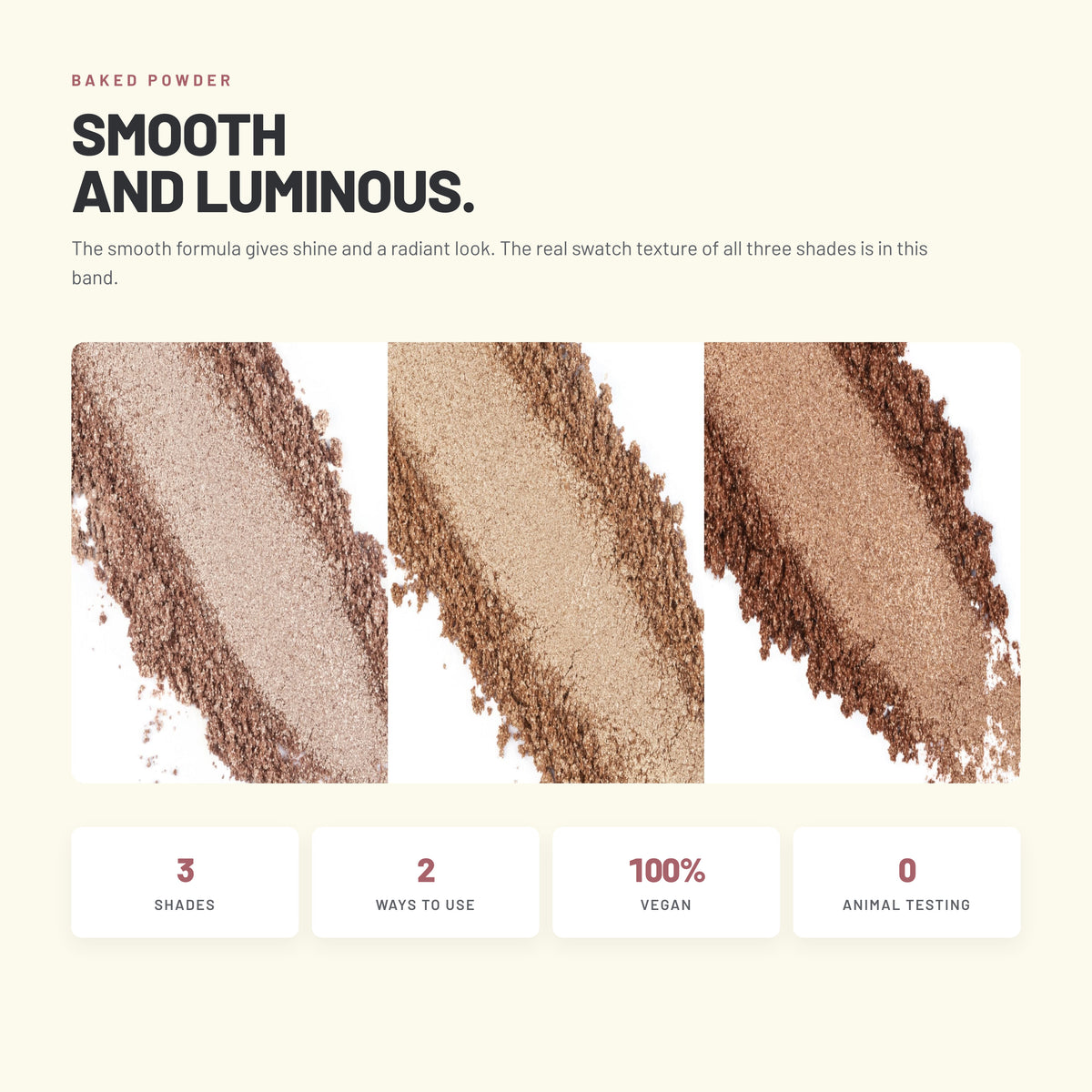 Swatches of all three Alix Avien Baked Highlighter shades – vegan, not tested on animals