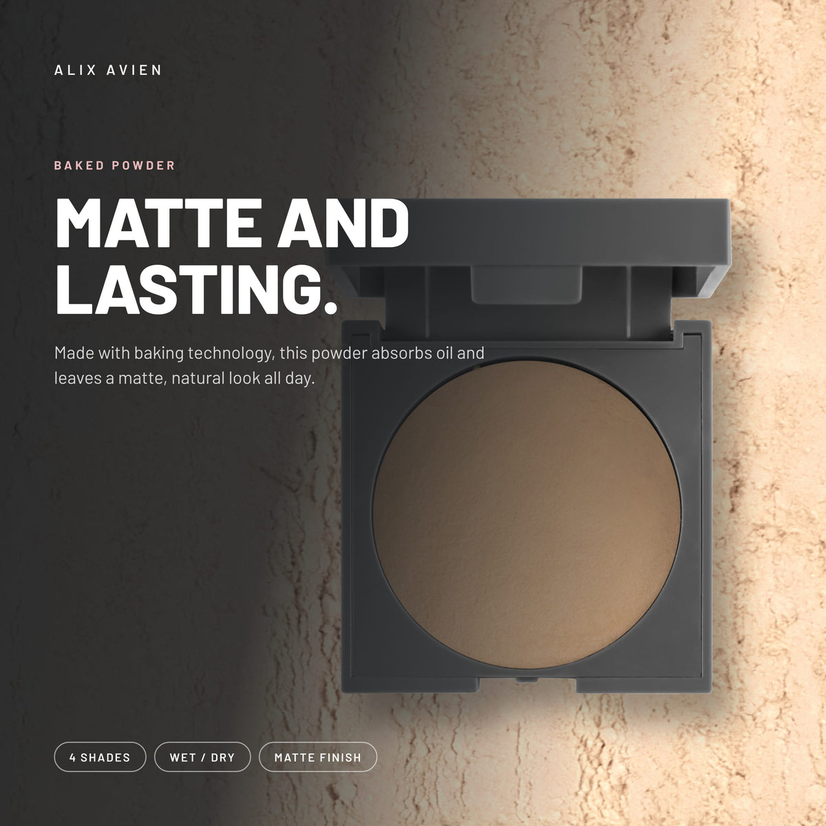 Alix Avien Baked Powder – open compact on a powder texture background