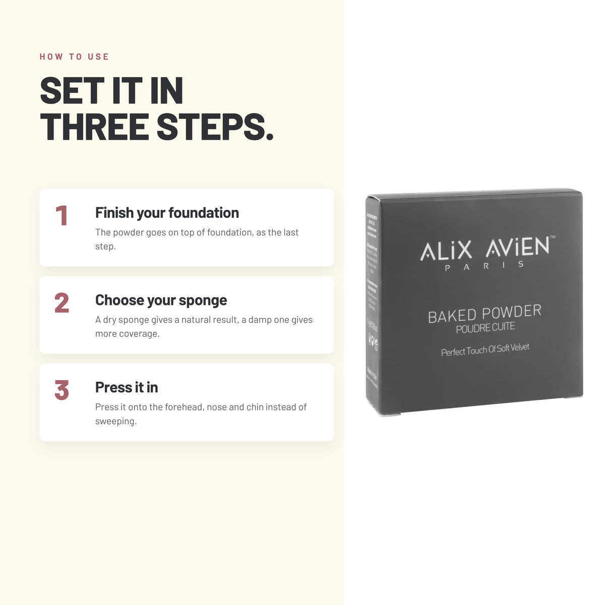 How to use Alix Avien Baked Powder in three steps, with the product box