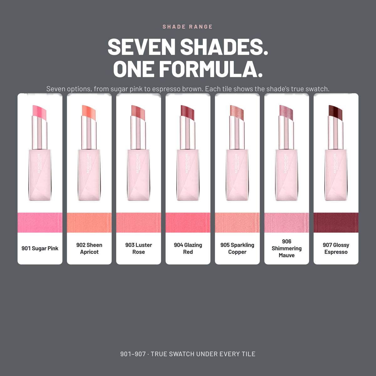 Alix Avien Beyond Care Sheer Lipstick shades 901 to 907 with swatches