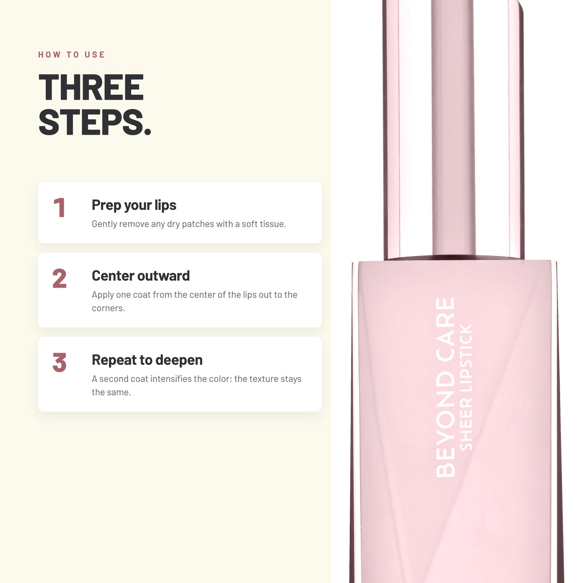 How to apply Alix Avien Beyond Care Sheer Lipstick in three steps