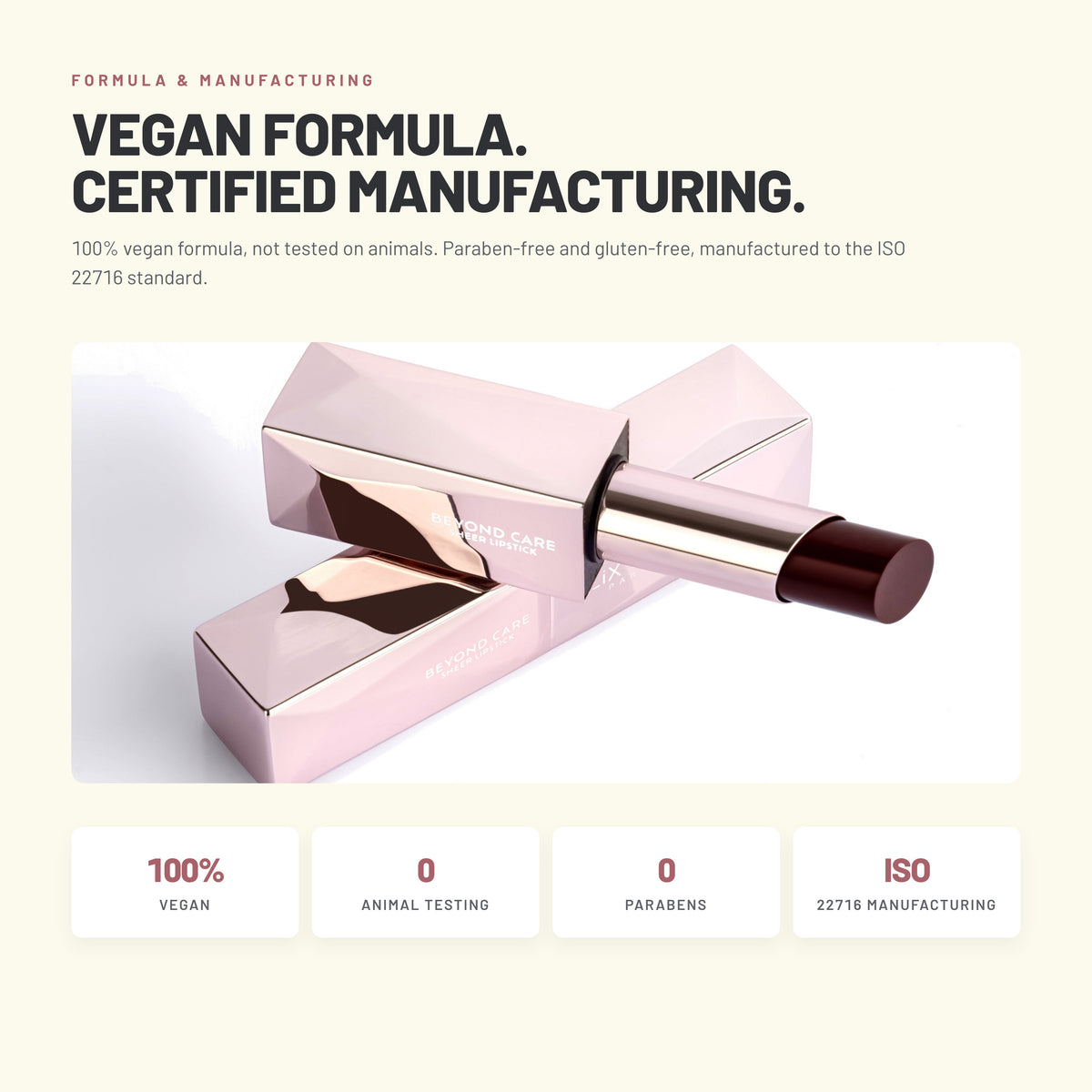 Alix Avien Beyond Care Sheer Lipstick – vegan formula, ISO 22716 manufacturing