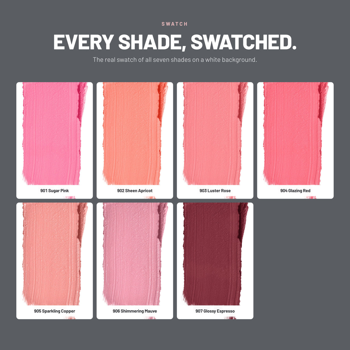 Alix Avien Beyond Care Sheer Lipstick swatches of all seven shades