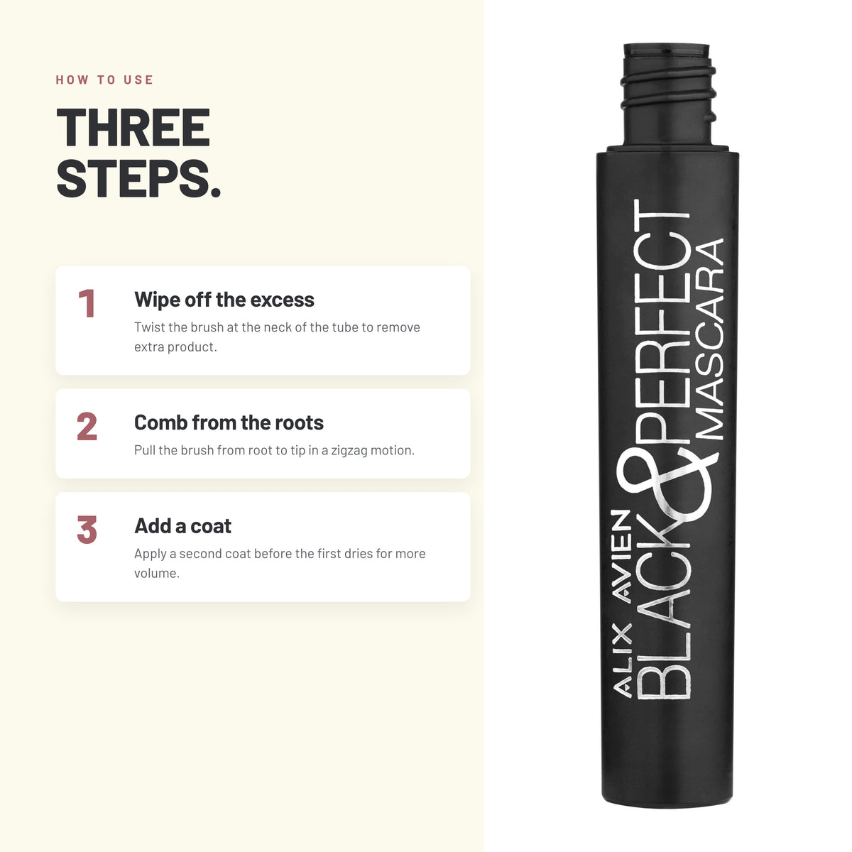 How to apply Alix Avien Black & Perfect Mascara in three steps