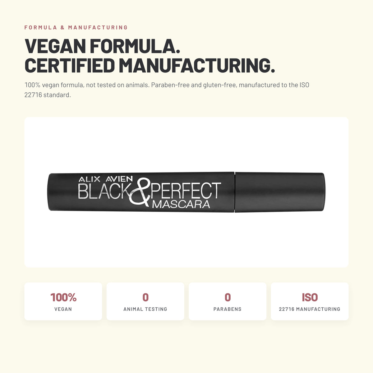 Alix Avien Black & Perfect Mascara – vegan formula, ISO 22716 manufacturing
