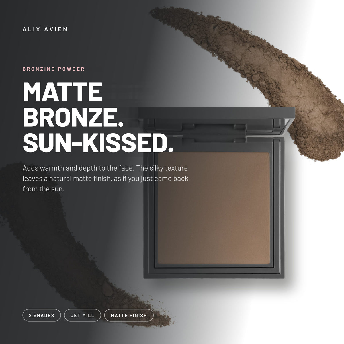 Alix Avien Bronzing Powder – matte bronzer compact with loose powder swatch