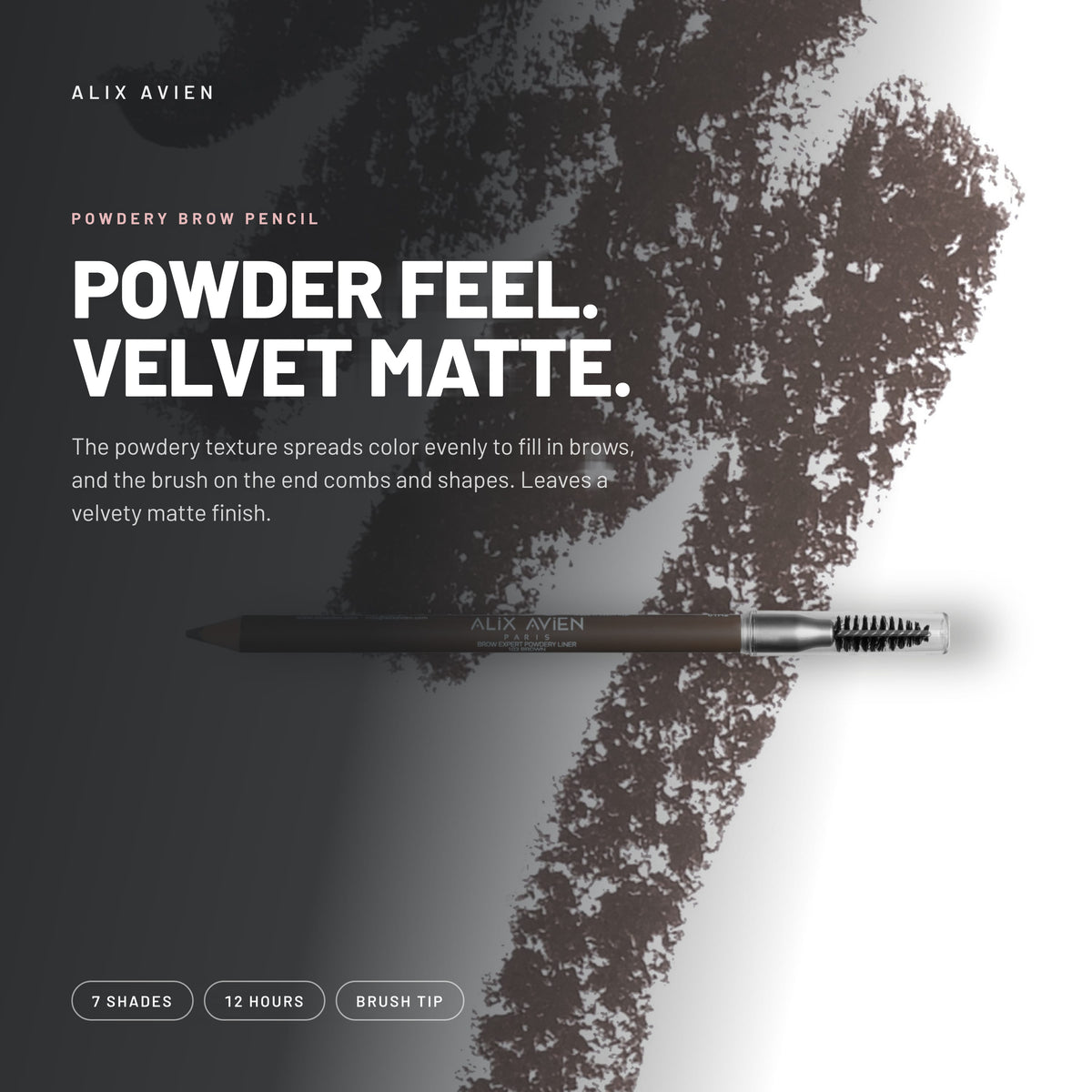 Alix Avien Eyebrow Expert Powdery Liner with spoolie brush over a brow swatch