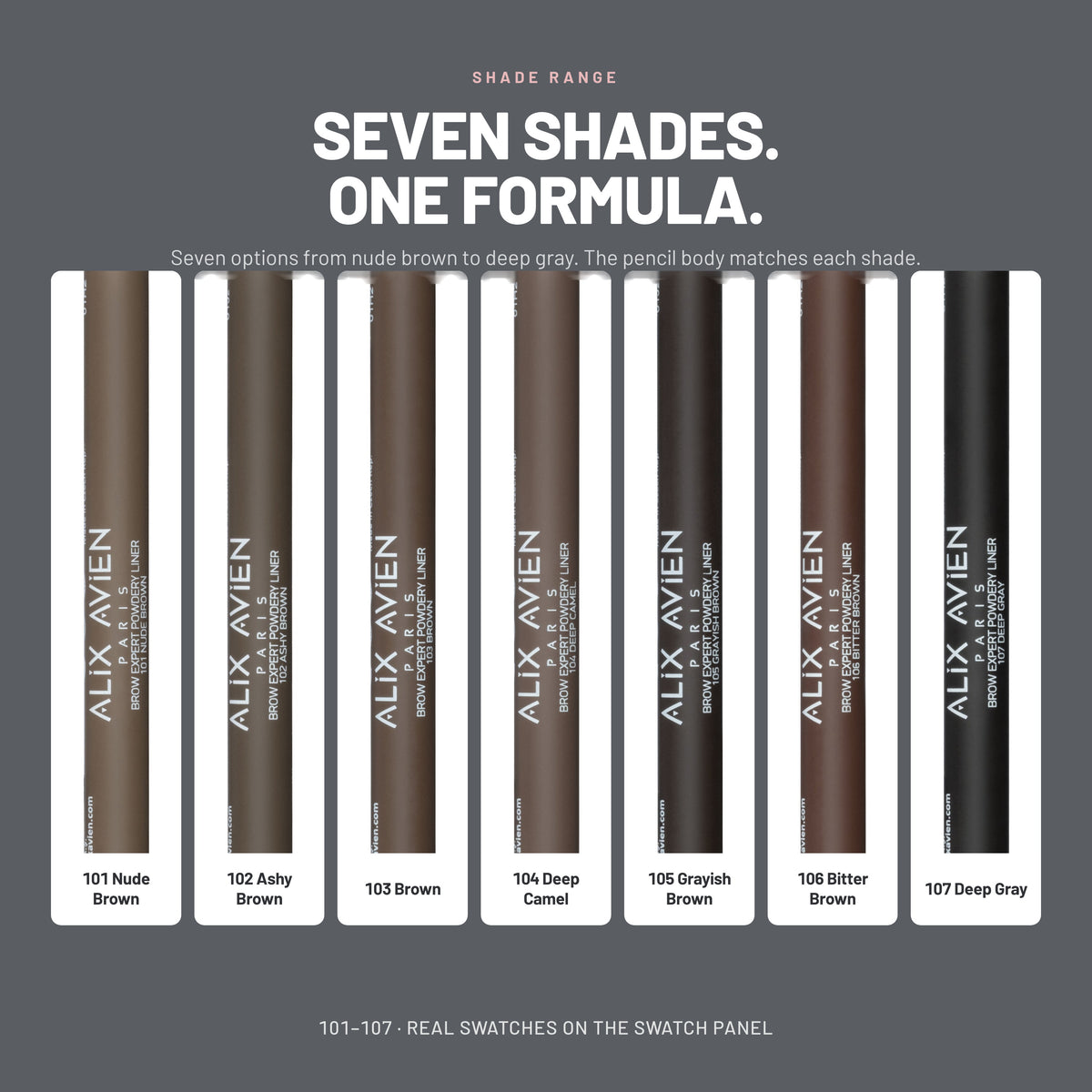 Alix Avien Eyebrow Expert Powdery Liner – all seven shades from 101 Nude Brown to 107 Deep Gray