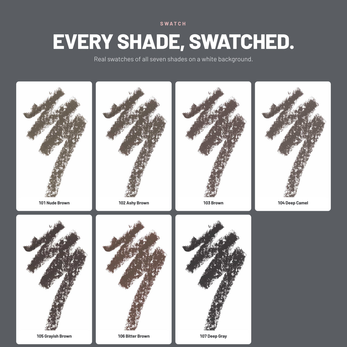 Alix Avien Eyebrow Expert Powdery Liner swatches – all seven shades