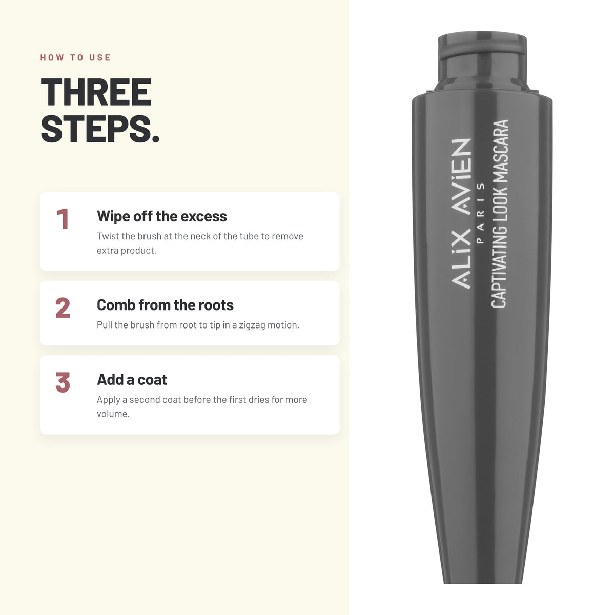 How to apply Alix Avien Captivating Look Mascara in three steps