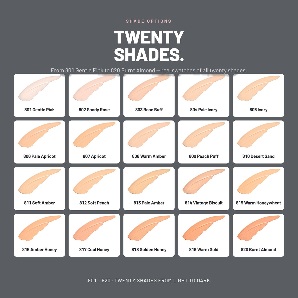 Alix Avien Care Enhancer Foundation swatches – 20 shades from 801 Gentle Pink to 820 Burnt Almond