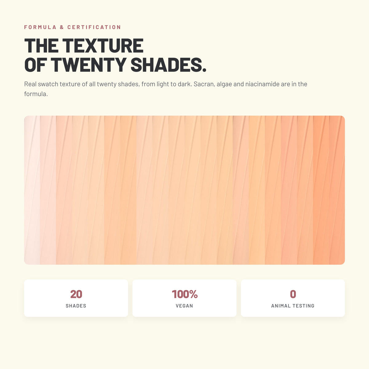 Alix Avien Care Enhancer Foundation swatch texture in twenty shades – vegan