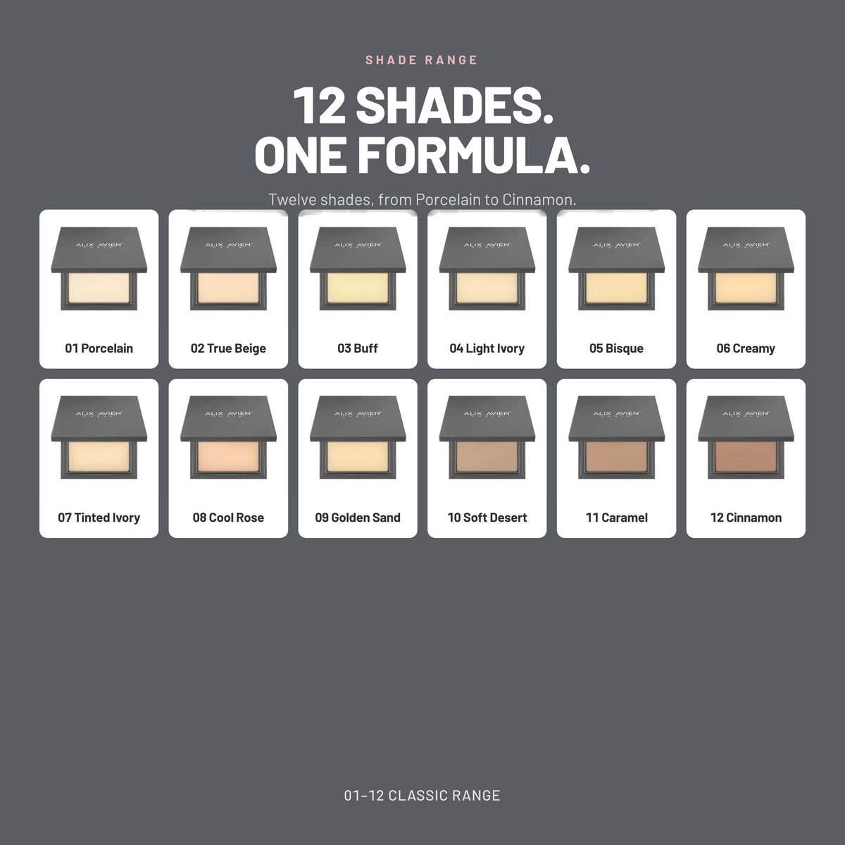 Alix Avien Compact Powder – twelve shades from 01 Porcelain to 12 Cinnamon