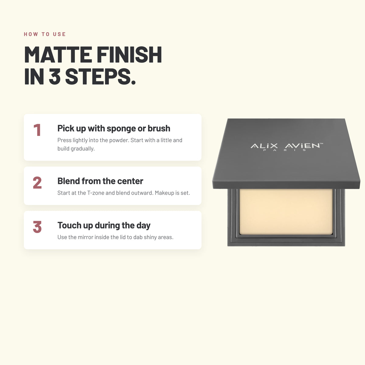 How to apply Alix Avien Compact Powder in three steps