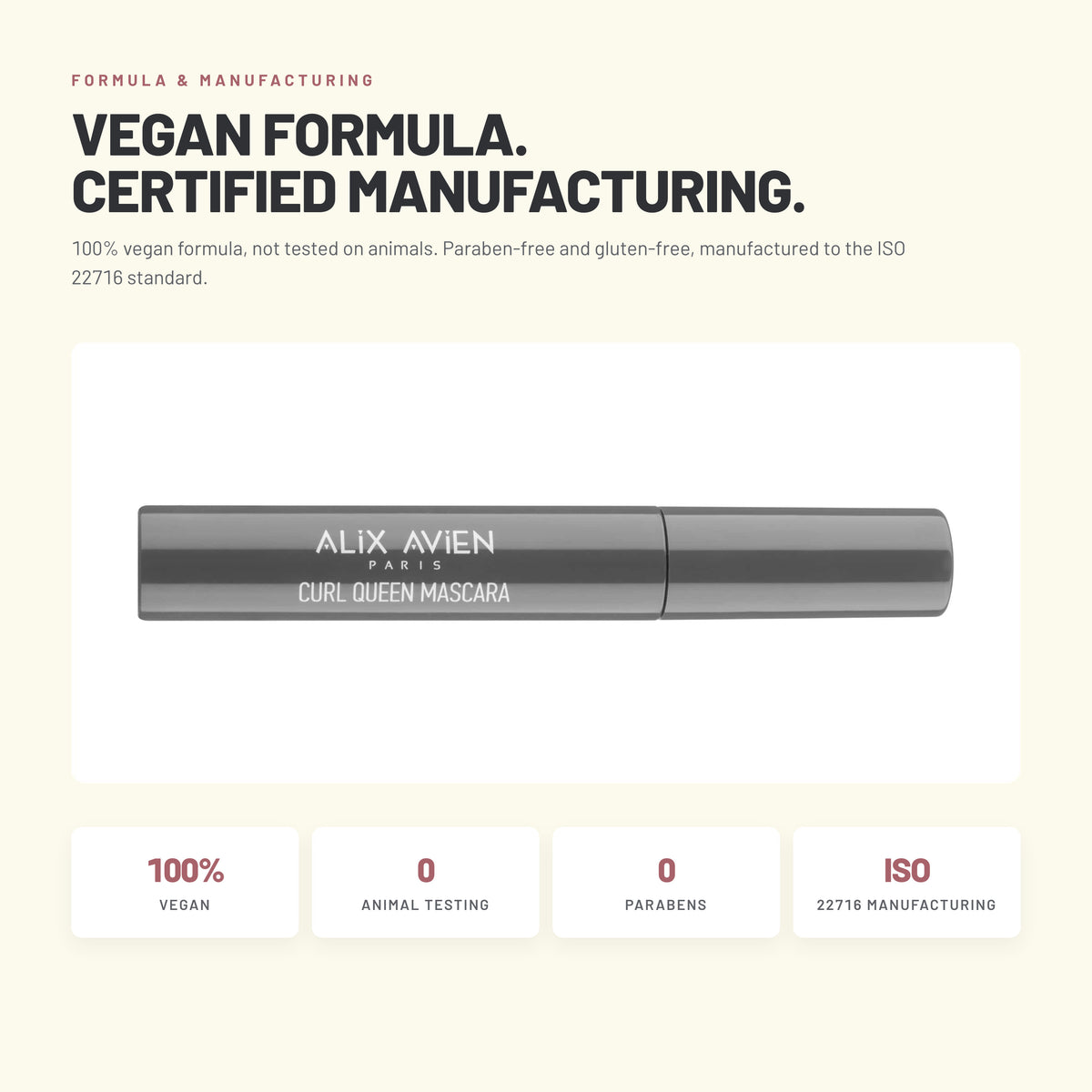 Alix Avien Curl Queen Mascara – vegan formula, ISO 22716 manufacturing