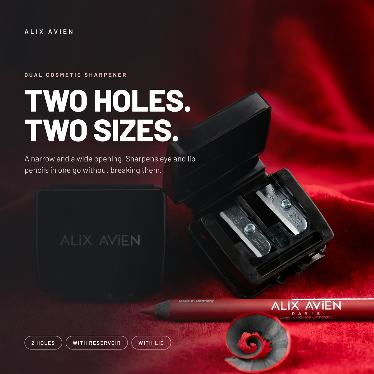Alix Avien Dual Cosmetic Sharpener open with a lip pencil