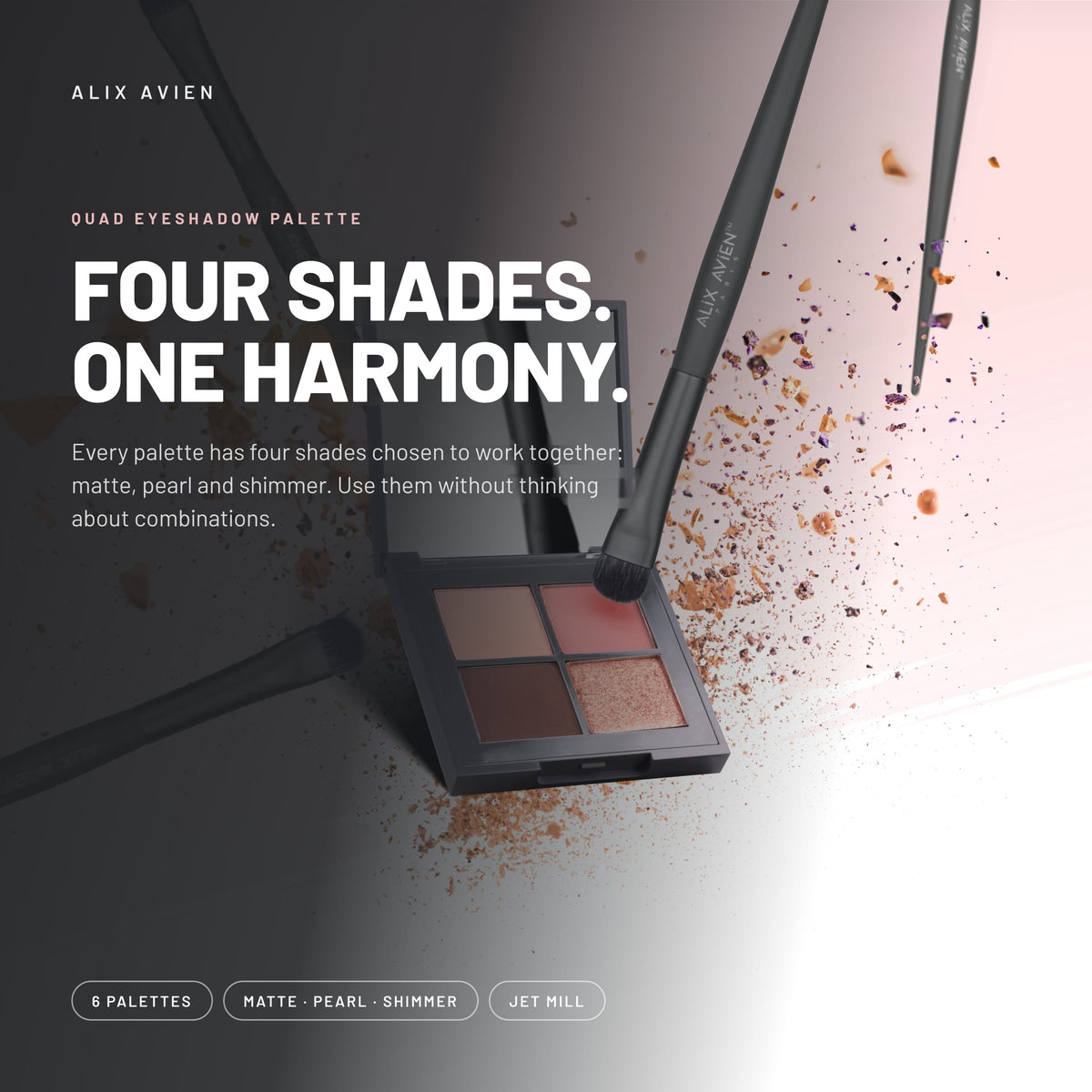 Alix Avien Expressive Harmony Eyeshadow Palette with brushes and scattered pigment