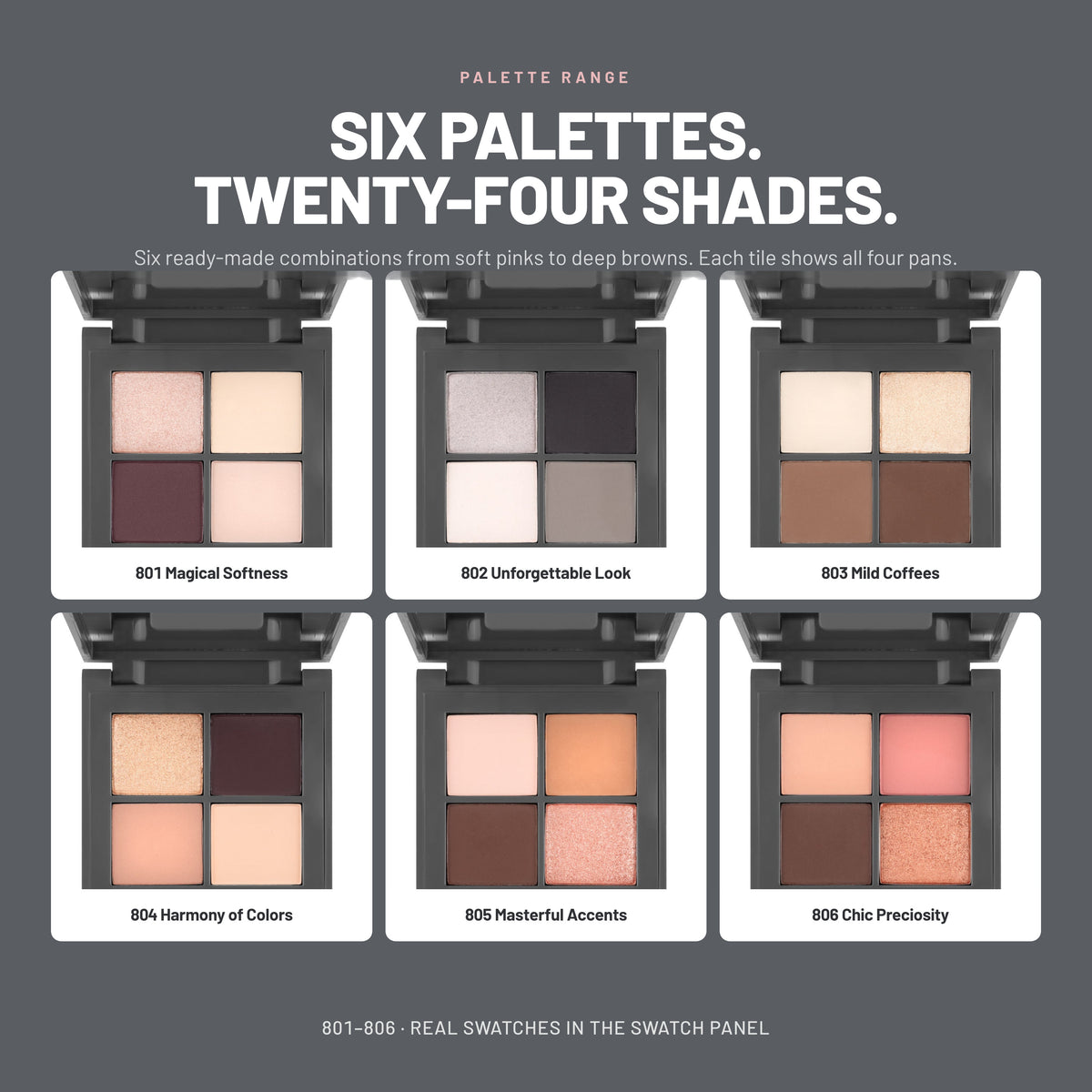 Alix Avien Expressive Harmony – all six palettes, 801 Magical Softness to 806 Chic Preciosity