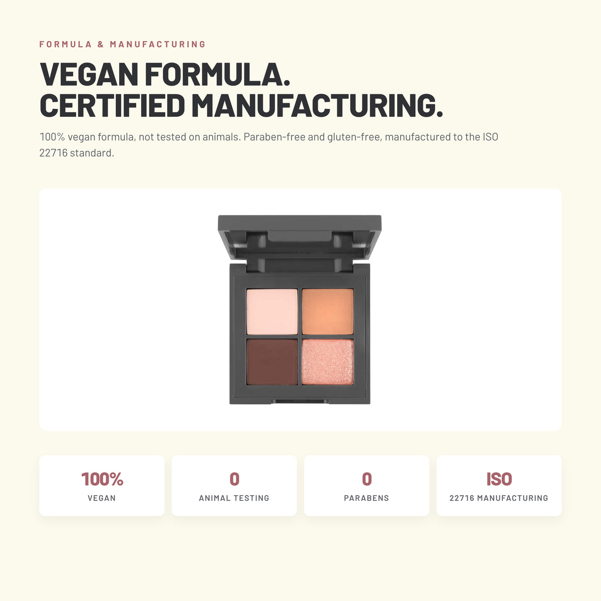 Alix Avien quad eyeshadow palette – vegan formula, ISO 22716 manufacturing