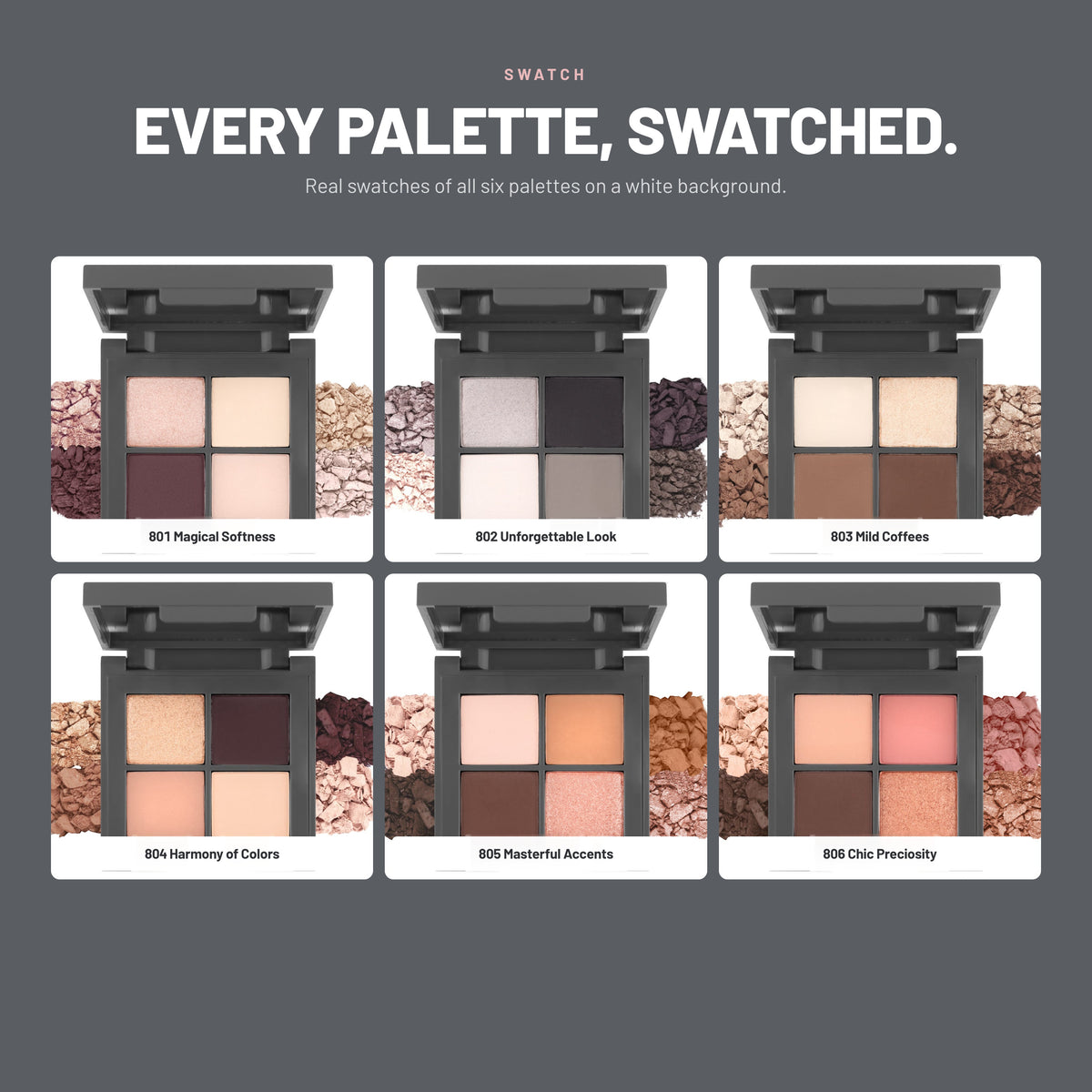 Alix Avien Expressive Harmony – crushed swatches of all six palettes