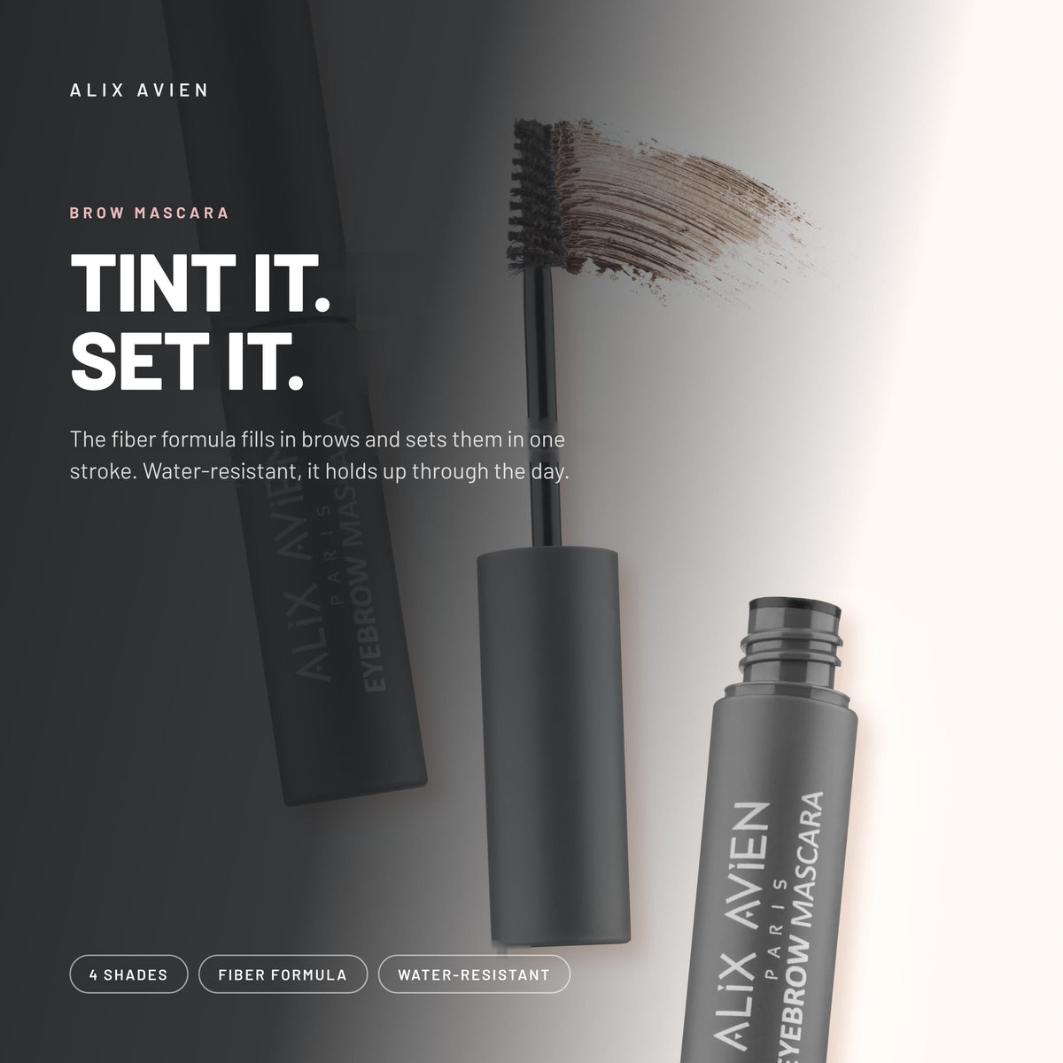 Alix Avien Eyebrow Mascara – tubes and brush with a brow swatch