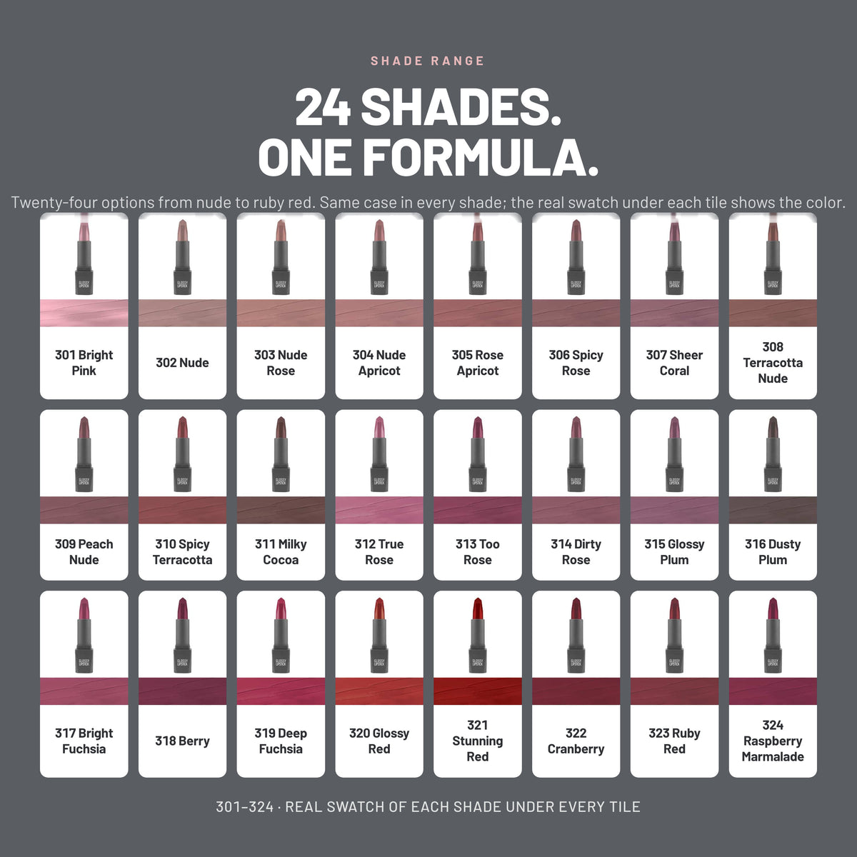 Alix Avien Glossy Lipstick – all 24 shades from 301 Bright Pink to 324 Raspberry Marmalade