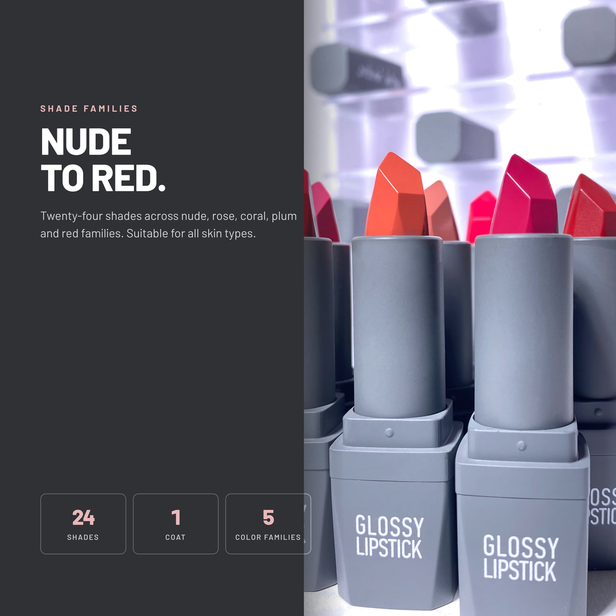 Alix Avien Glossy Lipstick bullets in pink, coral and red shades