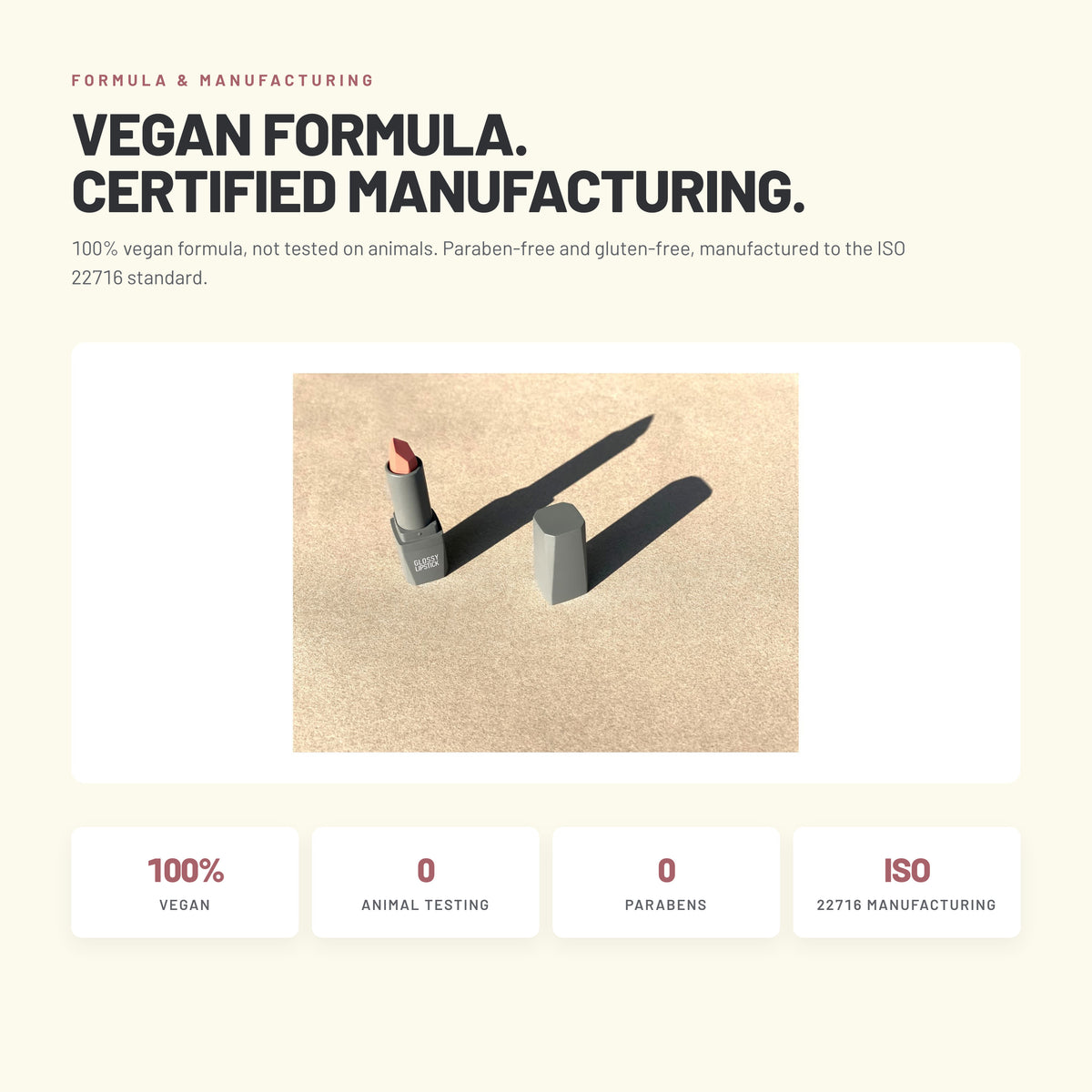 Alix Avien Glossy Lipstick – vegan formula, ISO 22716 manufacturing