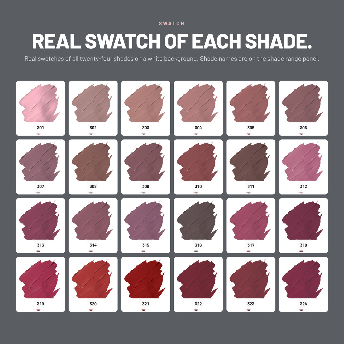 Alix Avien Glossy Lipstick swatches, shades 301 to 324