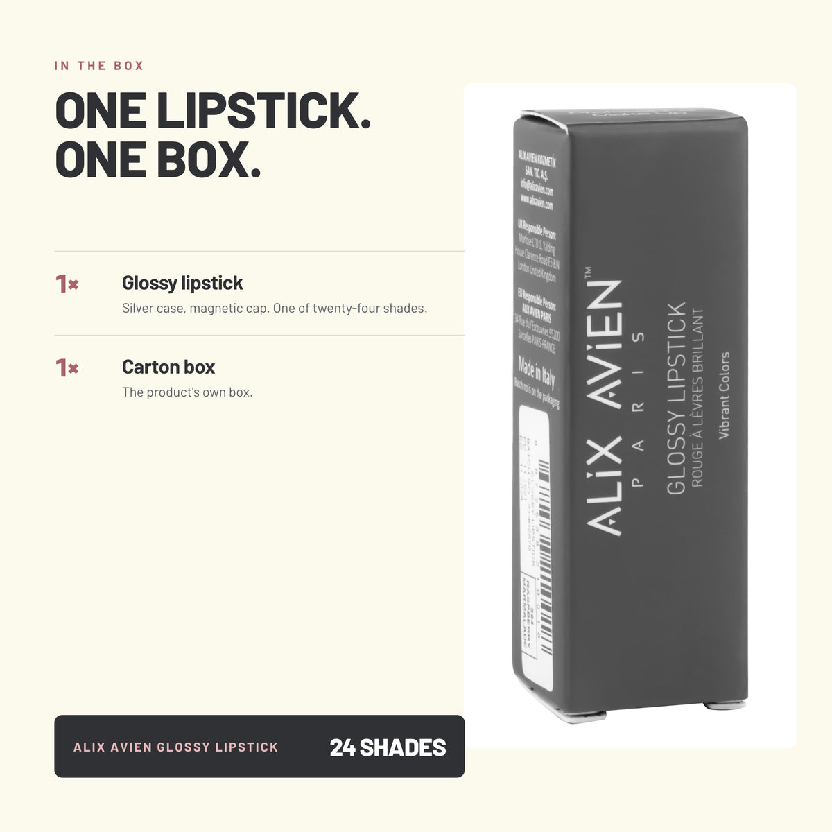 What's in the box – Alix Avien Glossy Lipstick and its carton