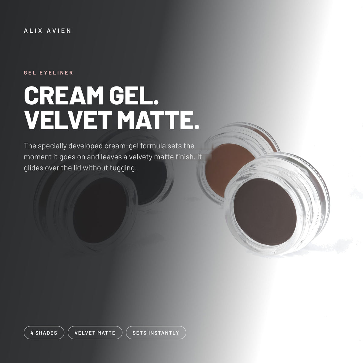 Alix Avien Intense Gel Liner jars, open, in black and brown