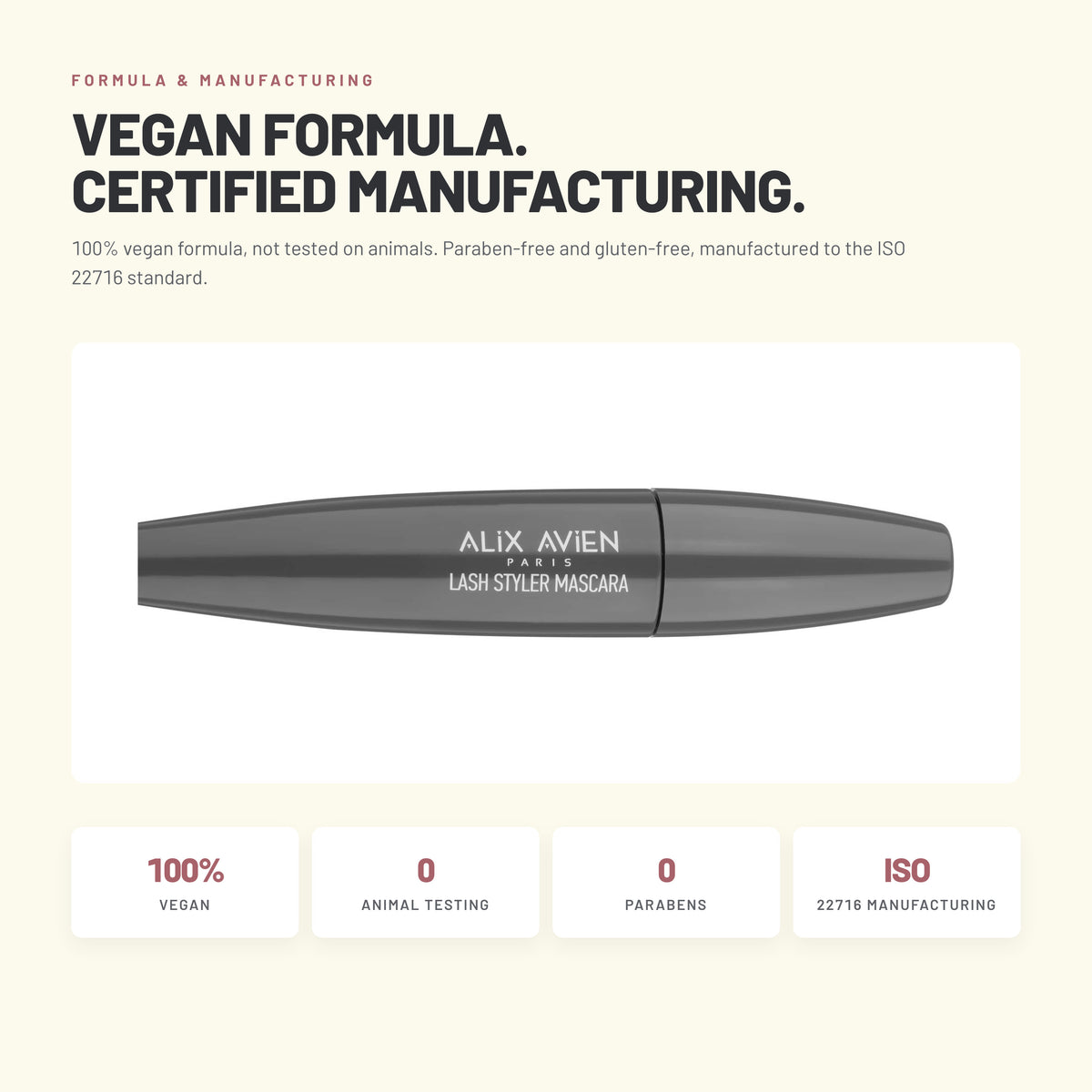 Alix Avien Lash Styler Mascara – vegan, paraben-free, ISO 22716 manufacturing
