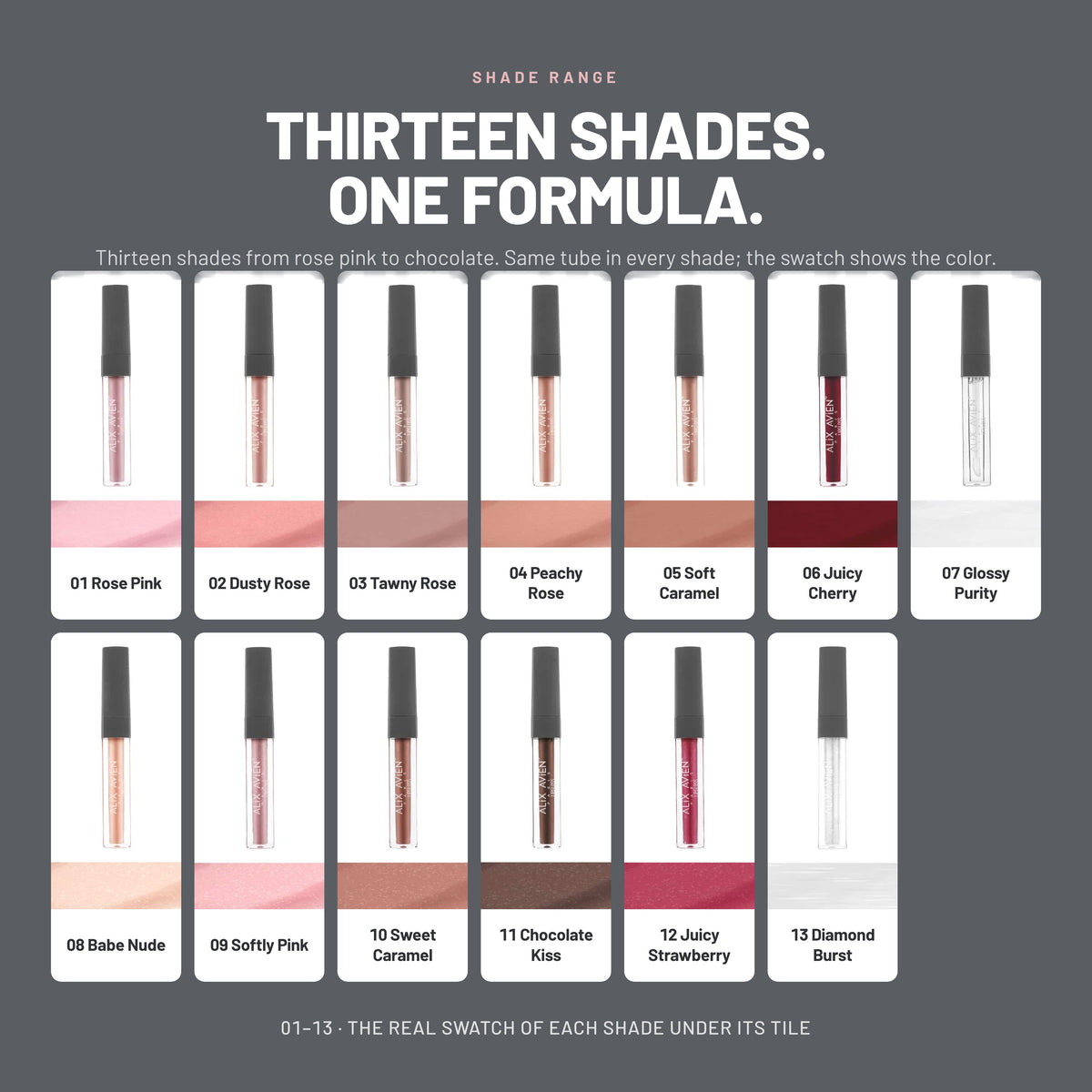 Alix Avien Lip Gloss – all thirteen shades from 01 Rose Pink to 13 Diamond Burst
