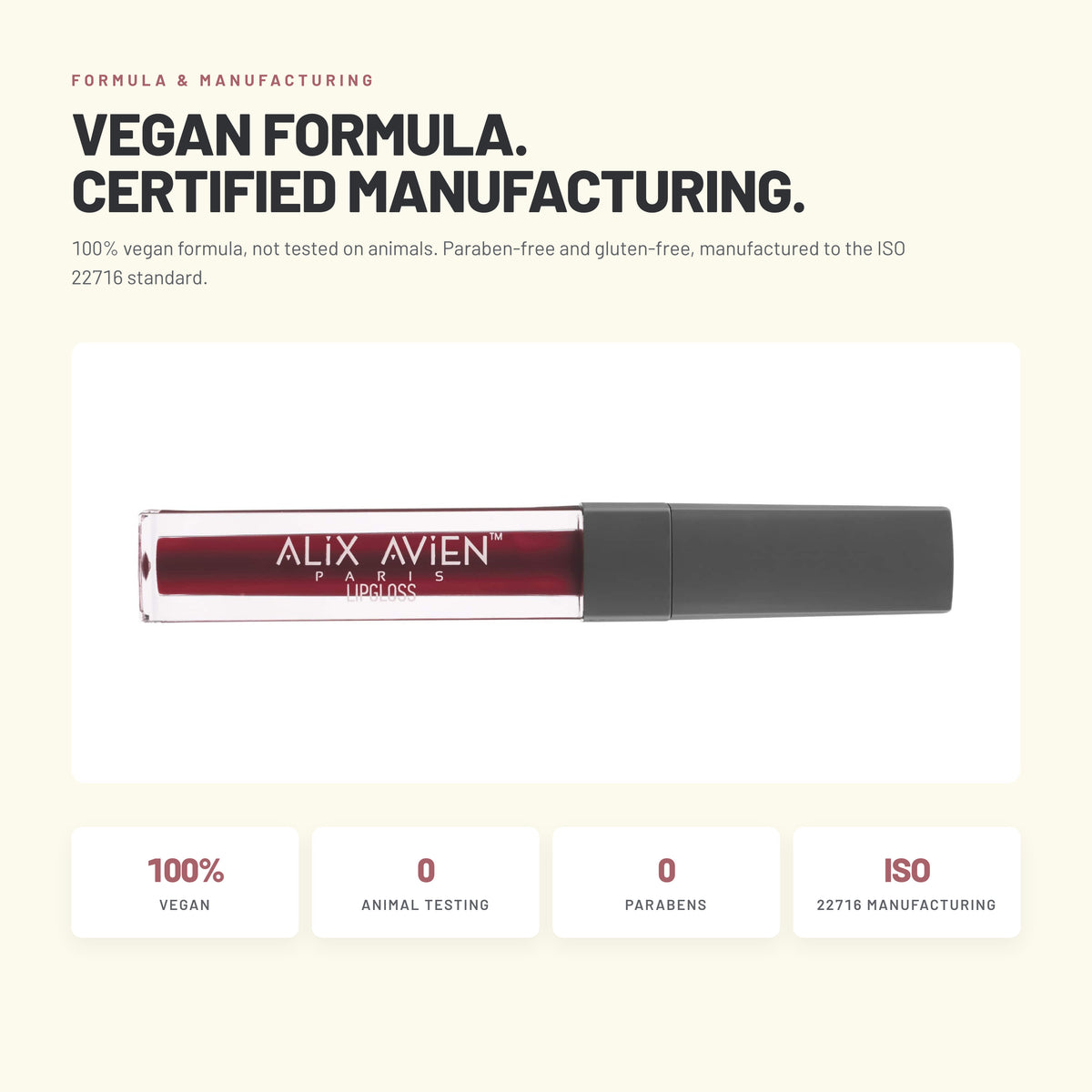Alix Avien Lip Gloss – vegan formula, ISO 22716 manufacturing
