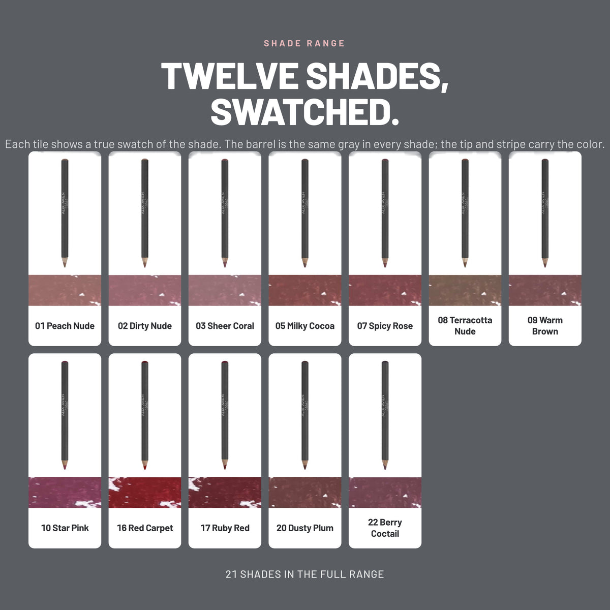 Alix Avien Lipliner Pencil – twelve shades with swatches, from 01 Peach Nude to 22 Berry Coctail