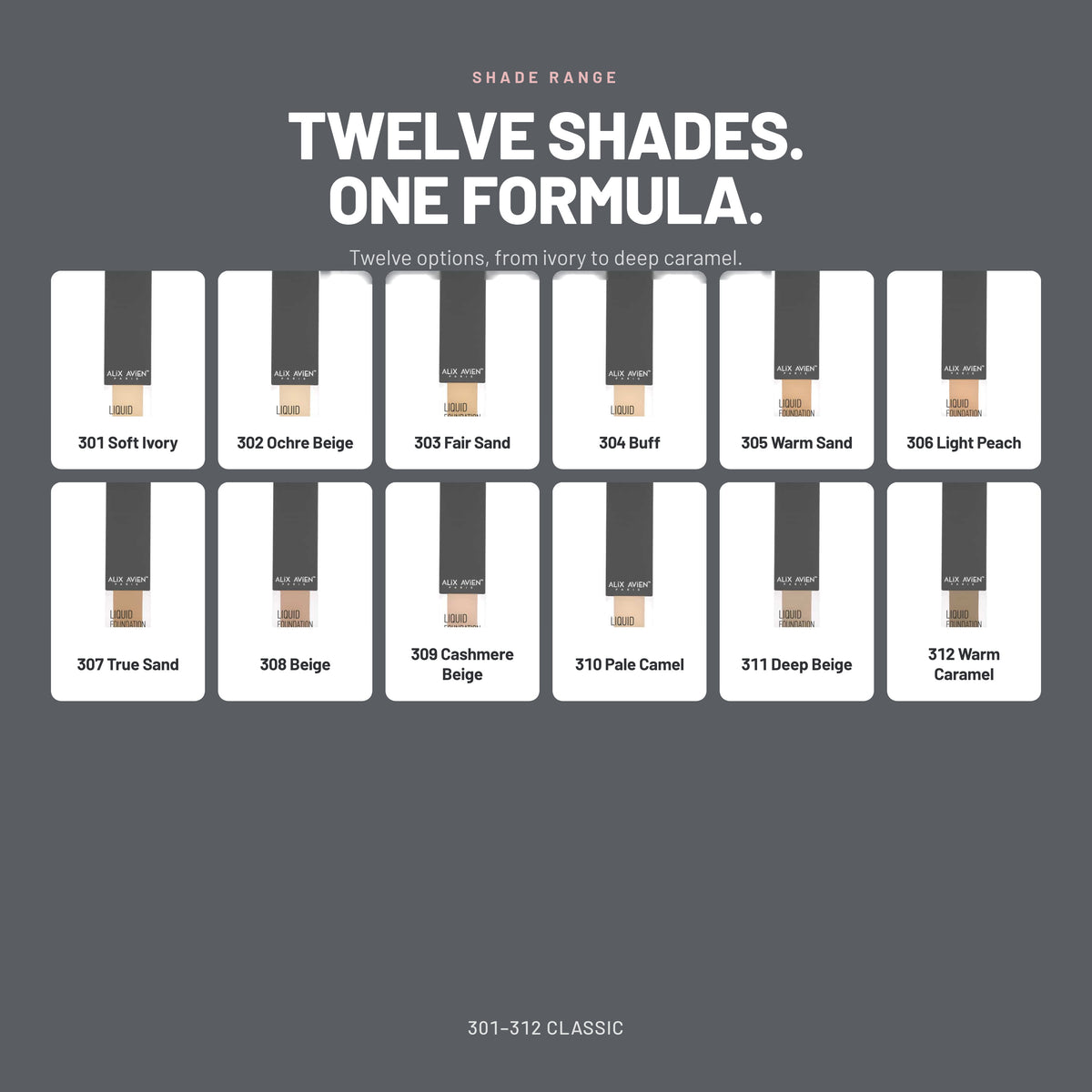 Alix Avien Liquid Foundation shades 301 to 312