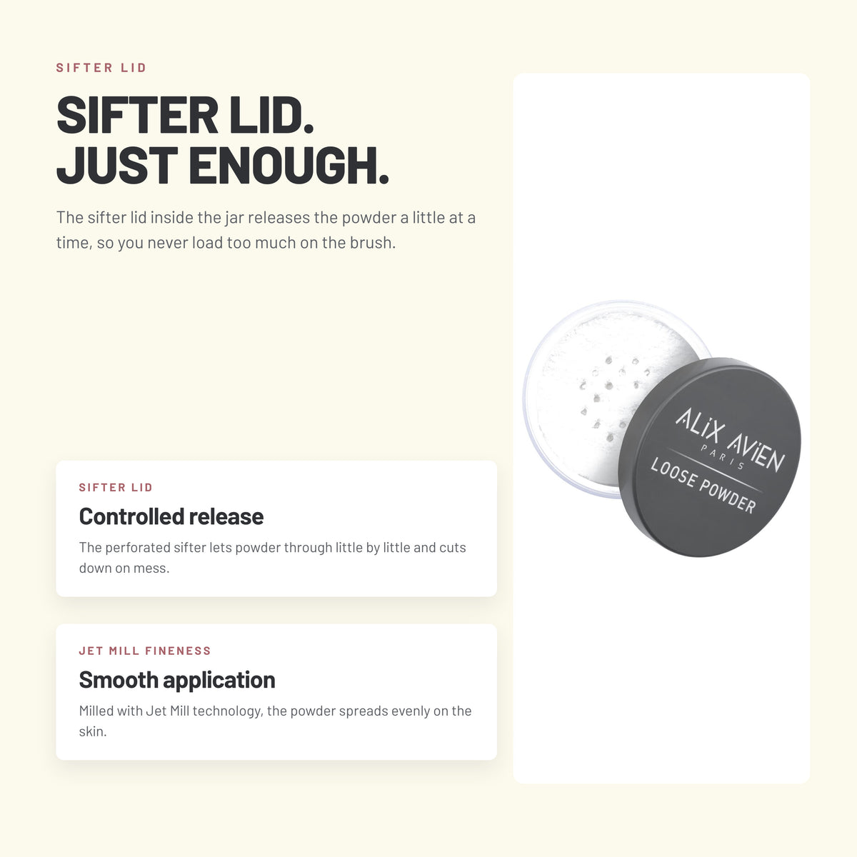Alix Avien Loose Powder – open jar showing the perforated sifter